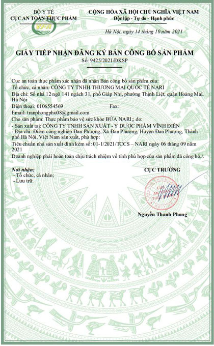 giấy chứng nhận bứa nari
