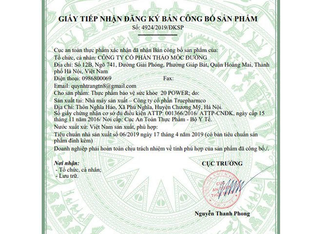 Giấy công bố sản phẩm 20 POWER