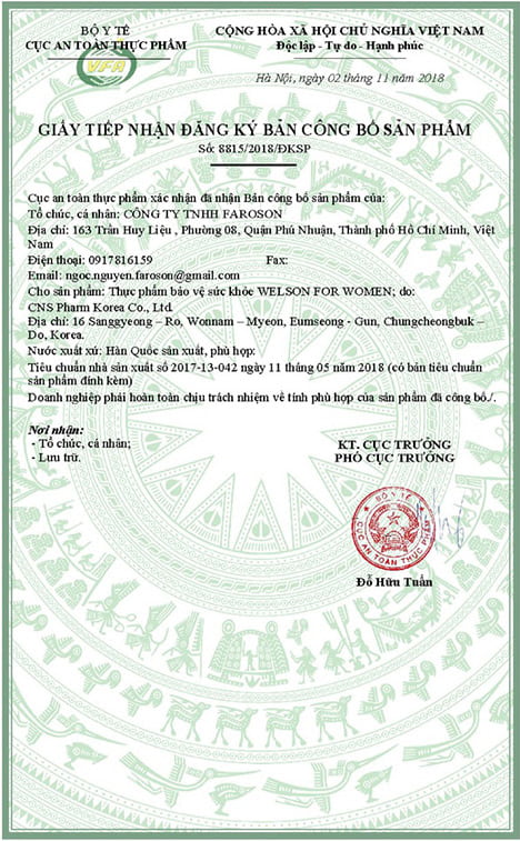giấy chứng nhận welson for women